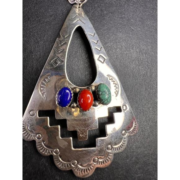 Vintage Navajo Joe Delgarito Sterling Silver Lapis Coral Turquoise Earrings - Picture 14 of 16